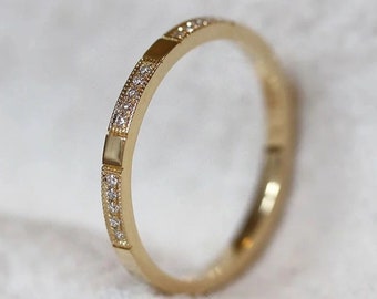 14K Yellow Gold Stacking Matching Band Vintage Diamond Wedding Band Full Eternity Bridal Ring Moissanite Band Art Deco Bridal Milgrain Band