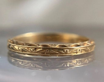 14K Yellow Gold Filigree Band Retro Vintage Anniversary Ring Milgrain Edge Wedding Band Stacking Matching Band Engagement Ring Promise Ring