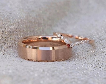 Unique Couple Matching Rings 14K Solid Rose Gold Anniversary Ring Set Wedding Bands, His and Hers Rings, Promise Ring, Couple Ring Set