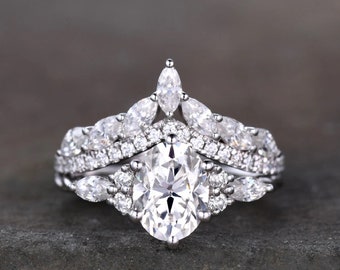 Oval Cut Moissanite Engagement ring Set 14K White Gold  Anniversary Ring Set for Woman, Vintage Oval Bridal Ring Set, Promise Ring for Women