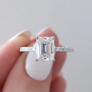 14k White Gold Emerald Cut Lab-Grown Diamond Engagement Ring with Pave Band Solitaire Ring 1.8 CT Emerald Cut Diamond Wedding Ring for Her