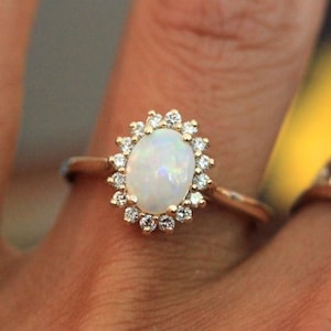 Oval Cut Opal Diamond Ring 14K Yellow Gold Wedding Ring Opal Engagement Ring Round Cut Halo Anniversary Ring Anniversary Gift Promise Ring