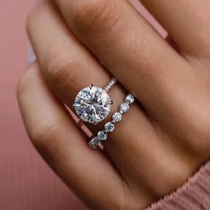 Full Eternity Matching Band Set 2 CT Round Cut Moissanite Anniversary Ring Wedding Ring Set for Woman Set 14K White Gold Engagement Ring Set