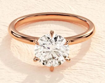 14K Rose Gold 6-Prong Wedding Ring 1 CT Round Moissanite Engagement Ring Round Solitaire Ring, Promise Ring for Her, Anniversary Gift
