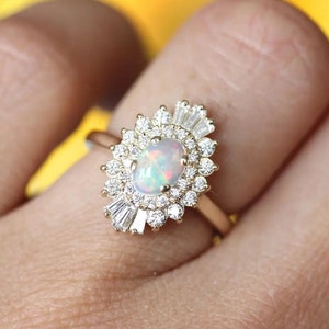 14K Yellow Gold Oval Cut Opal Starburst Engagement Ring, Vintage Style Floral Halo Wedding Ring, October Birthstone Gift for Her