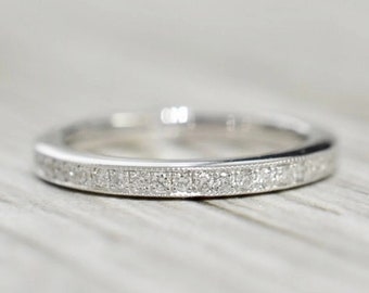 Thin Dainty Band, Diamond Eternity Band Full Eternity Ring 14K White Gold Wedding Band Diamond Wedding Band Micro Pave Stackable Band