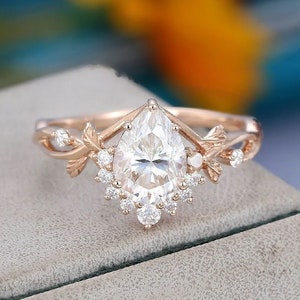 1.25 CT Pear Shaped Moissanite Engagement Ring 14K Rose Gold Twig Ring Unique Art Deco Wedding Ring Anniversary Gift Promise Ring