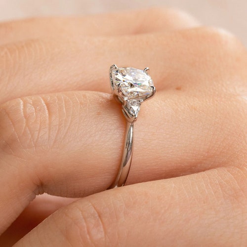 2.5 CT Cushion Cut Three Stone Moissanite Engagement Ring Tulip orders Setting Diamond Sterling Silver / Gold Wedding Ring Pear Cut Side Stone Ring