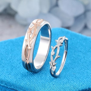 Round Diamond Nature Inspired Ring 14K Rose Gold Twig His and Hers Wedding Ring Set Unique Bridal Set Solid Gold Bands Anniversary Gift
