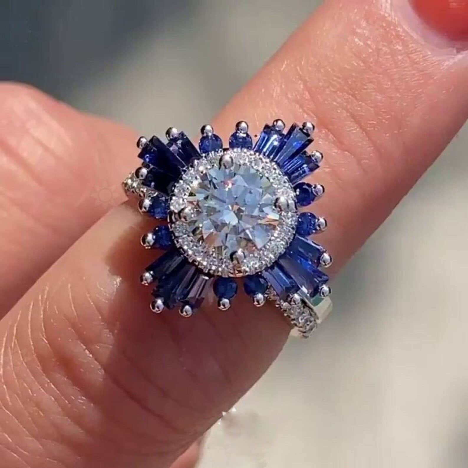 Baguette Cut Blue Sapphire Starburst Wedding Ring 14K White