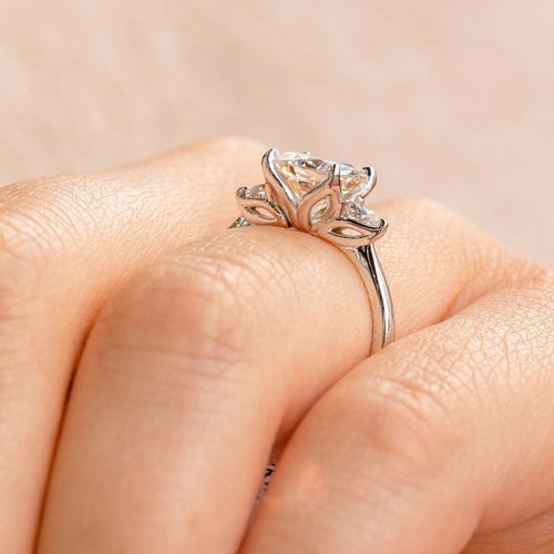 2.5 CT Cushion Cut Three Stone Moissanite Engagement Ring Tulip orders Setting Diamond Sterling Silver / Gold Wedding Ring Pear Cut Side Stone Ring