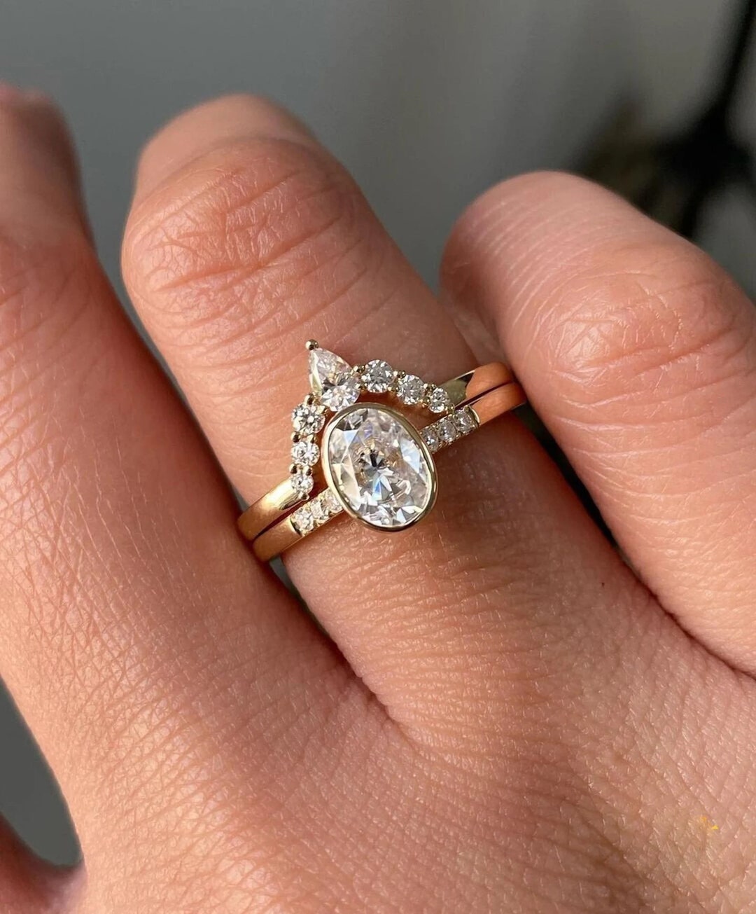 Vintage 2 CT Oval Cut Bezel Set, Dainty Moissanite Engagement Ring Set ...