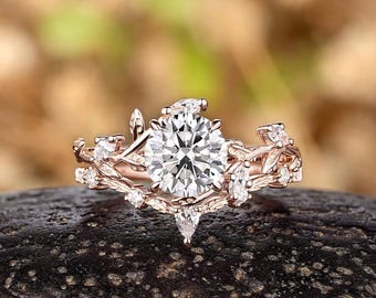 Round Moissanite Engagement Ring Set 14K Rose Gold Leaf Floral Wedding Rings, Nature Inspired Leaf Bridal Set, Promise Ring For Women