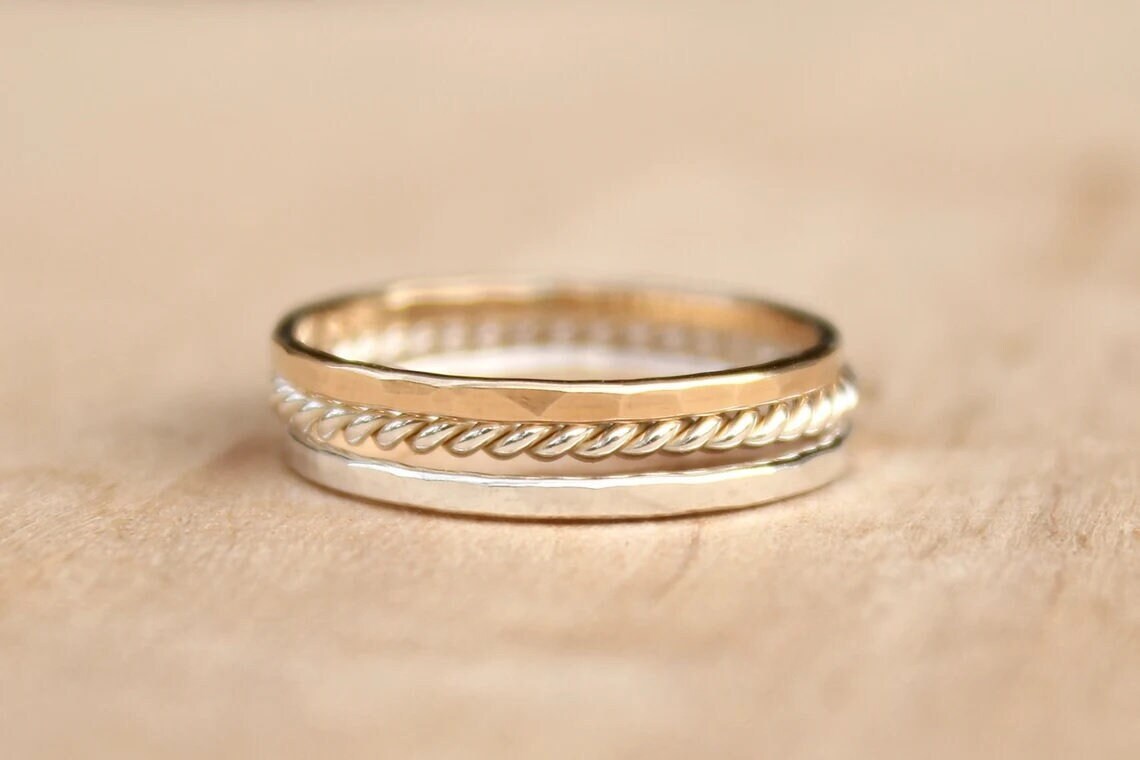 14K Solid Gold Stacking Rings Set Twisted, Hammered & Plain Bands Mixed Metal Wedding Bands Minimalist Everyday Jewelry for Her
