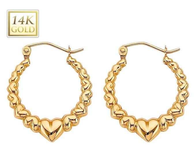 2mm Heart Tube Hoop   14K Real Gold 1 Pair with Hinge Hoop 20x 23 MM NEW Women's Girl Earrings.
