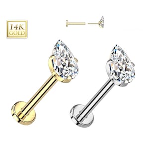 Birnenform 14K Gold fadenlose Push-In-Labret 18 GAUGE, flache Rückseite mit Prong-Set für Nasenstecker mit Option aus CZ oder Moissanite.