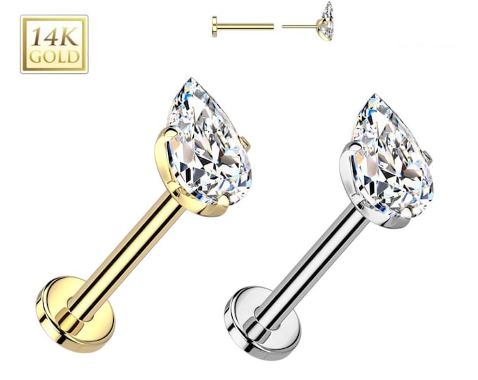 Pear Shape 14K Gold Threadless Push-in Labret 18 GAUGE,Flat Back Studs With Prong Set for Nose Stud with option of CZ or Moissanite.