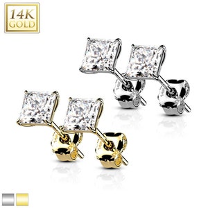14K Real Yellow Gold Light Weight Gold sold in 1 Pair CZ Bright Super Shine Princess Cut Earrings stud.