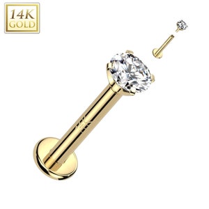 14K Gold Internally Threaded Labret, Flat Back Stud With Prong Set CZ Top Sold 1 piece 16GA , Lip, Cartiladge, Nose Stud, Tragus.