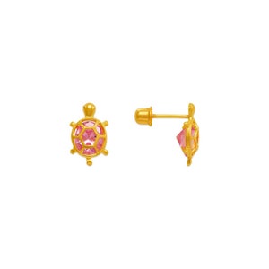 May include: A pair of gold turtle stud earrings with pink crystal accents. The earrings have a screw-back closure.