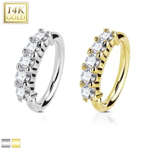 14Kt. Solid Real Gold Five CZ Set Open Hoop Rings for Nose, Ear Cartilage and Lip Piercings 18GA 20GA 8mm Small hooop with CZ 5 Round stone.