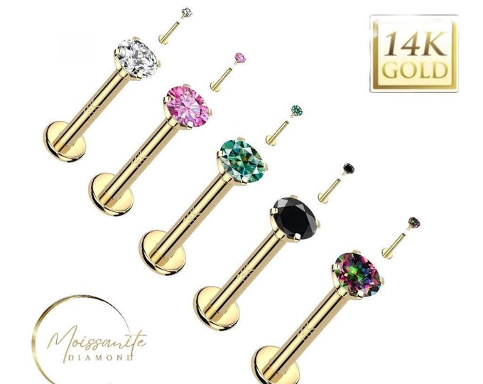 3mm Moissanite 14K Gold Internally Threaded Labret, Flat Back Stud With Prong Set Sold 1 piece 16GA , Lip, Cartiladge, Nose Stud, Tragus.