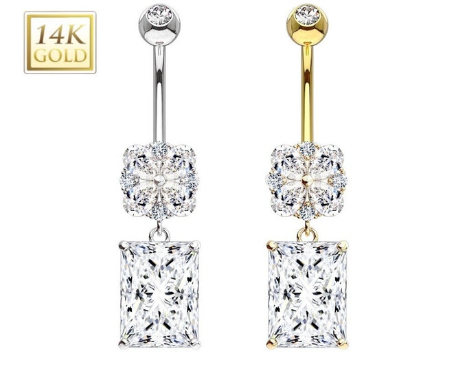 14K Solid Gold Asscher Cut Square Cubic Zirconia Dangle with Flower Navel Ring Piercing 14 Gauge post length 3/8"  10.00MM