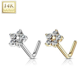 14K Gold L Bend Nose Stud Rings with CZ Flower Top 20 Gauge with L shape Real Gold 14K Body Piercing Nose Piercing.