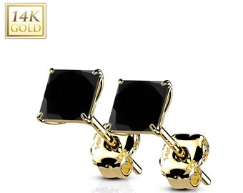 Black CZ 14K Real Yellow Gold Light Weight Gold sold in 1 Pair CZPrincess Cut Earrings stud.
