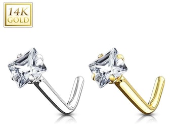 Princess Cut 14K Solid Gold , Nose Stud, Diamond Nose Stud, Moissanite , CZ , Nose Stud 20 GA 2.00mm-3.50mm Nose Stud .