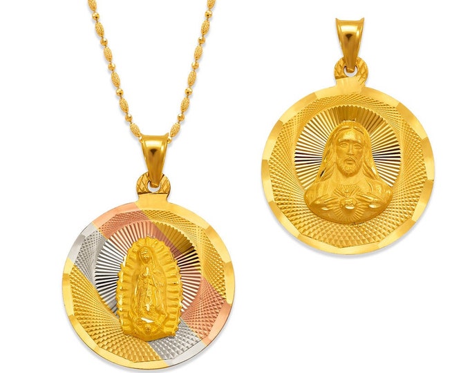 Reversible 14K Solid Gold Diamond Cut Guadalupe Round Double Sided Scapular Pendant available in 4 different size.