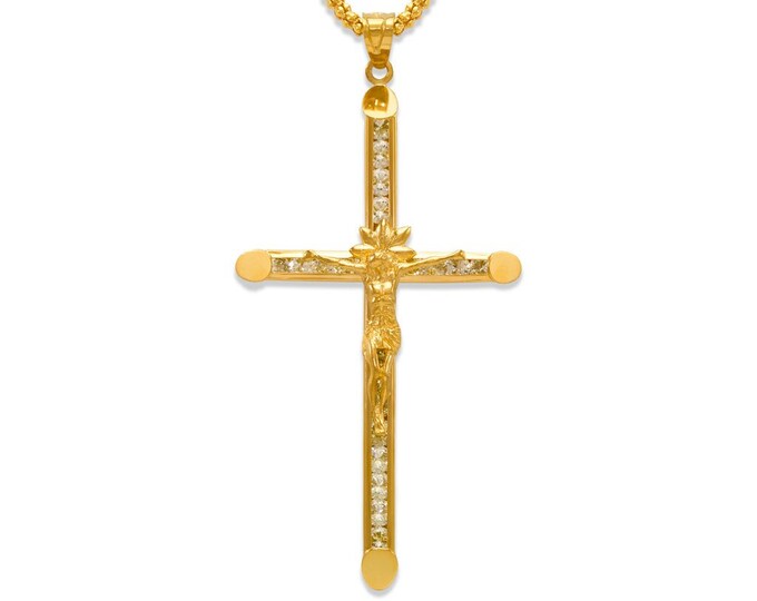 14K Real Gold Eternity Cross CZ  crucifix Pendant Charm Only with Gemstone Cubic Zirconia Men's Women's Religious.