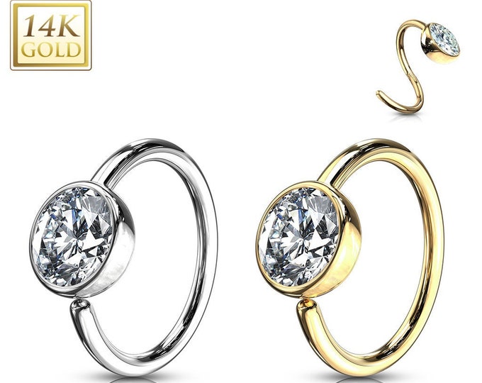 Ball CZ 4.00mm Bezel Round Hoop Ring 14 Karat Solid Gold Bezel Twisted hoop Nose Ring , Cartiladge piercing 20GA 8.00mm