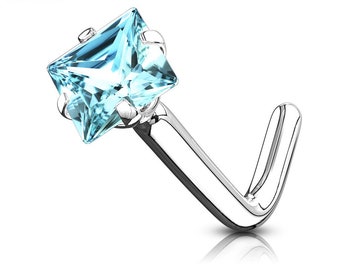 14K Solid Gold , L-Shaped Nose Stud, Diamond Nose Stud, Natural Gemstone , Nose Stud 20 GA 1.50mm-3.50mm Princess Cut Nose Stud 20GA