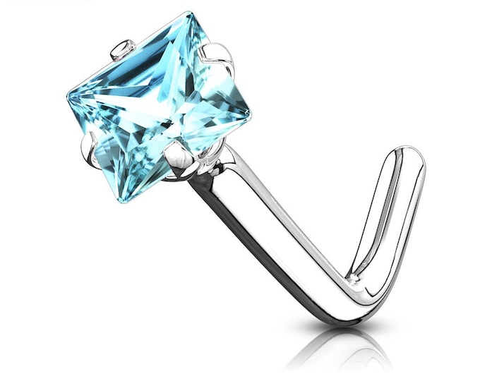 14K Solid Gold , L-Shaped Nose Stud, Diamond Nose Stud, Natural Gemstone , Nose Stud 20 GA 1.50mm-3.50mm Princess Cut Nose Stud 20GA