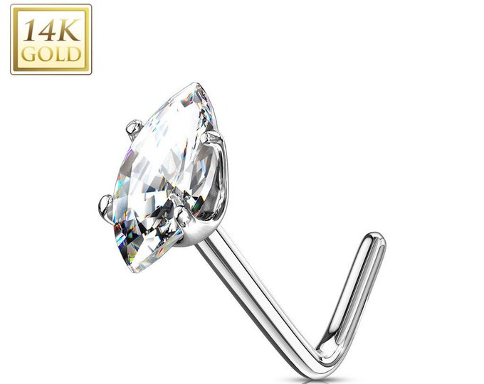 14K Solid Gold , L-Shaped Nose Stud, Diamond Nose Stud, Natural Gemstone , Nose Stud 20 GA Marquise Cut Nose Stud 20GA