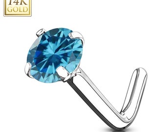 14K Solid Gold , Natural Gemstone , Nose Stud 20 GA 1.50mm-3.50mm Solitaire Round Cut Nose Stud Select your Gemstones in drop down Menu