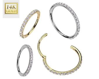 14K Gold Hinged Segment Hoop Ring in 20ga With Outward Facing Pave CZ , America 14K Gold Jewelry.
