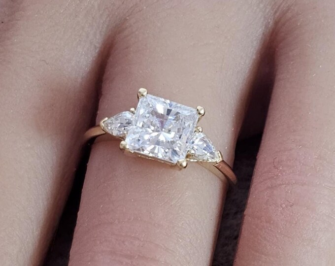 Trillion Cut 14K Solid Gold 3 Stone Center Wedding Band Ring Wedding Promise Engagement Women's Rings 1 Set