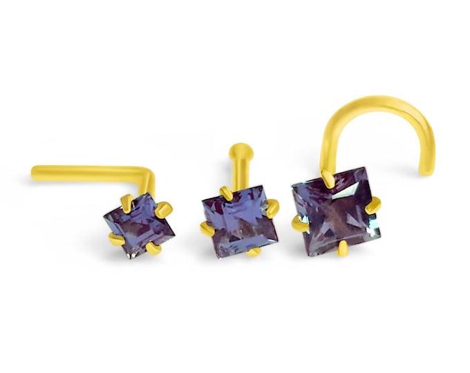 LAB Alexandrite Princess Cut  14K Solid gold Nose Ring In Ball End, L-Shaped or Twisted Crooked Screw, 20 GA Real