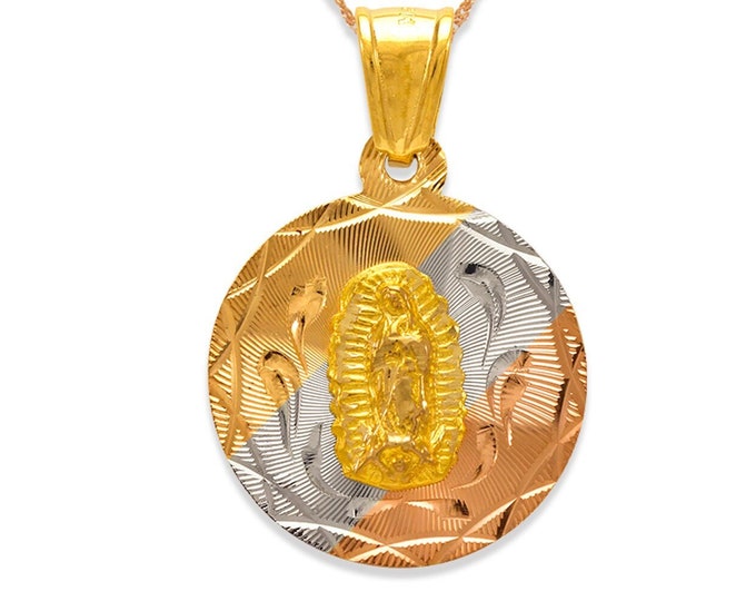 14K Solid Gold 3 Tone Diamond Cut Guadalupe / Jesus Round Scapular Pendant available in 5 different size.