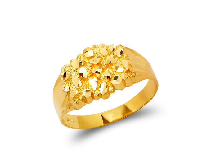 Small 14K Gold Men's Ring  12mm Center Nugget Square Rings 14K Real Gold Not Plated Fashion Men's Ring Small Size.