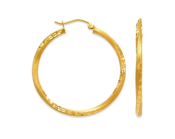 2.5mm DC Satin Twisted Hoop Earrings 14K Gold Hinge With Diamond Cut Sold in 1 Pair.