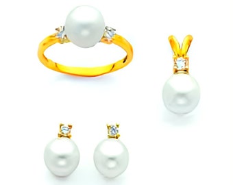 14K Gold 8mm Round Pearl Collection , Real Gold , For women's Gift and Anniversary Gift , Pendant , Earring, Ring Sold Separately