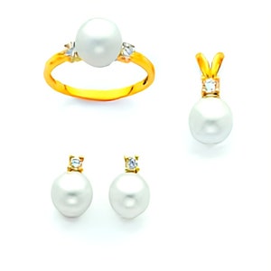 14K Gold 8mm Round Pearl Collection , Real Gold , For women&#39;s Gift and Anniversary Gift , Pendant , Earring, Ring Sold Separately
