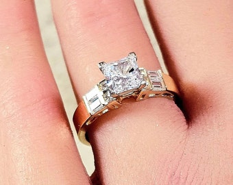 14K Solid Gold  Wedding Ring, High Quality gemstones with center Stone Princess Cut 1 Carat Baqutee accents on side.