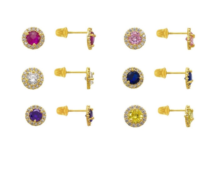 Round Pave 14K Real Yellow Gold Light Weight Gold Screw Backing sold in 1 Pair  CZ Stud Earrings.