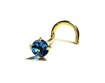 London Blue Topaz 14K Solid gold Genuine Real Nose Stud ,  14K Solid Gold in Twisted Crooked Screw, 20 GA, Nose Pin, Nostril, Nose Jewel