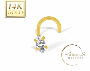 Moissanite Marquise 14K Solid Gold Nose Stud L shape or Twisted Crooked Screw or Ball End 20 GA VVS1/DEF Moissanite nose Piercing.