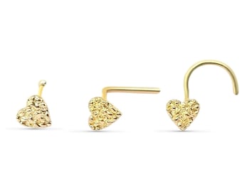 Small 3mm Heart 14K Gold Nugget Nose Stud 22 GAUGE 7mm Post length available 3 ends Nose Ring Nuggets Real Gold.